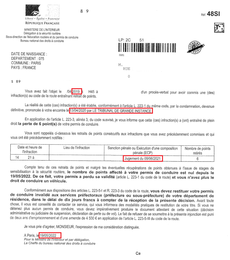 48 Si invalidation de permis de conduire pas de délai pour le retrait de point