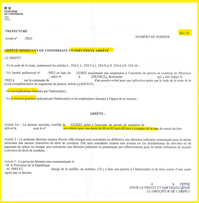 arrêté 4F modifiant la suspension de permis de conduire après recours gracieux de l'avocat