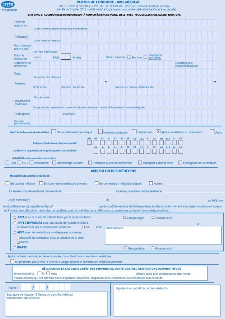 formulaire Cerfa visite médicla permis non prorogé